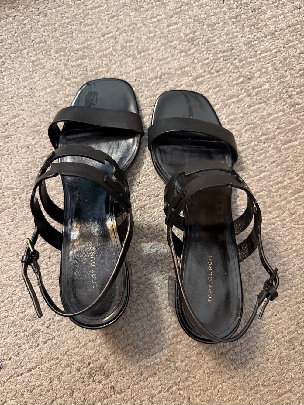 Tory Burch Black Multi-Strap Leather Square-Toe Sandals